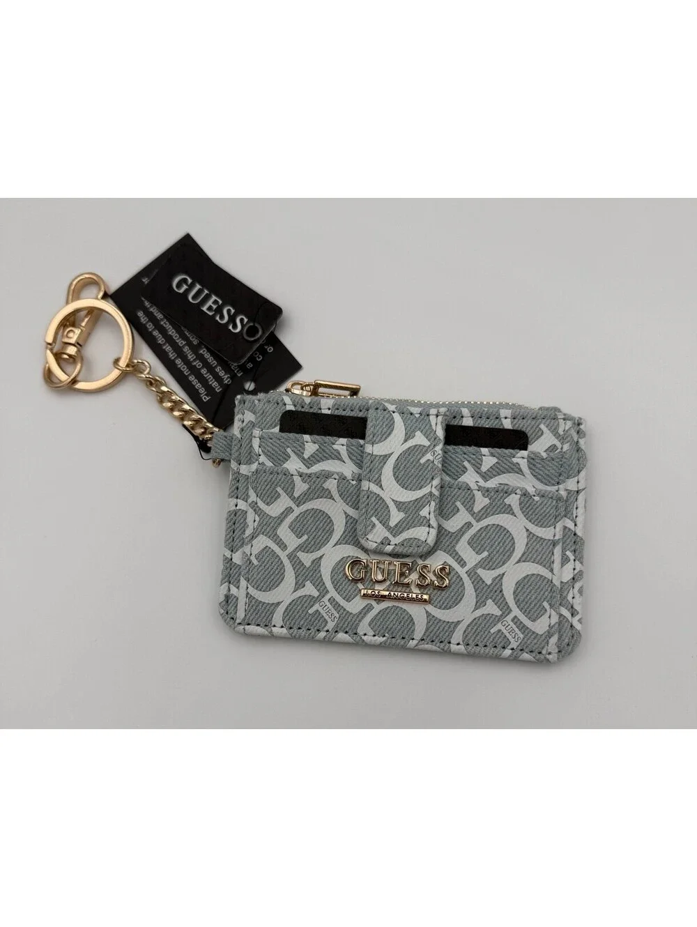 Guess Ebbie Foldover Zip Keychain Wallet Gray Logo Card Holder NWT 28GF031